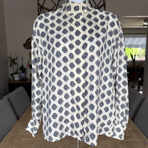 Christian Dior Tops - Christian Dior Vintage Geometric Medallion Jacquard Blouse Ivory Navy Yellow 4